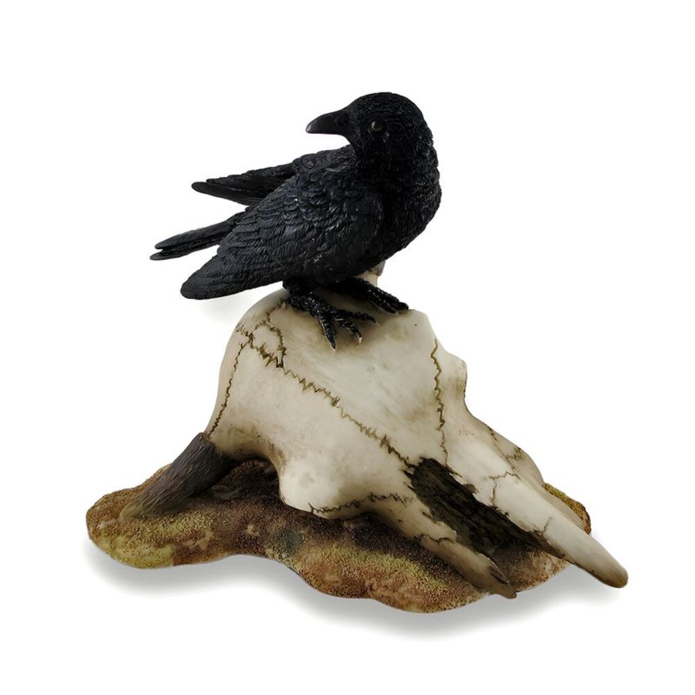 Black Crow Perched on Longhorn Skull Sculptural Figurine